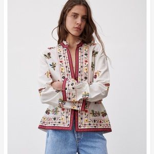 Zara White and Red Embroidered Blazer
